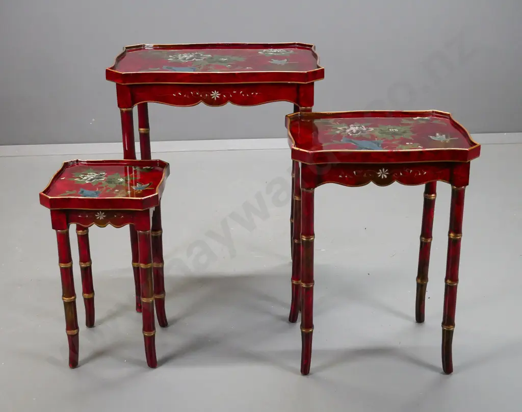 set of 3 Chinese nesting tables with shaped scrolling tops, faux bamboo legs, red painted finish with hand painted Image 1++