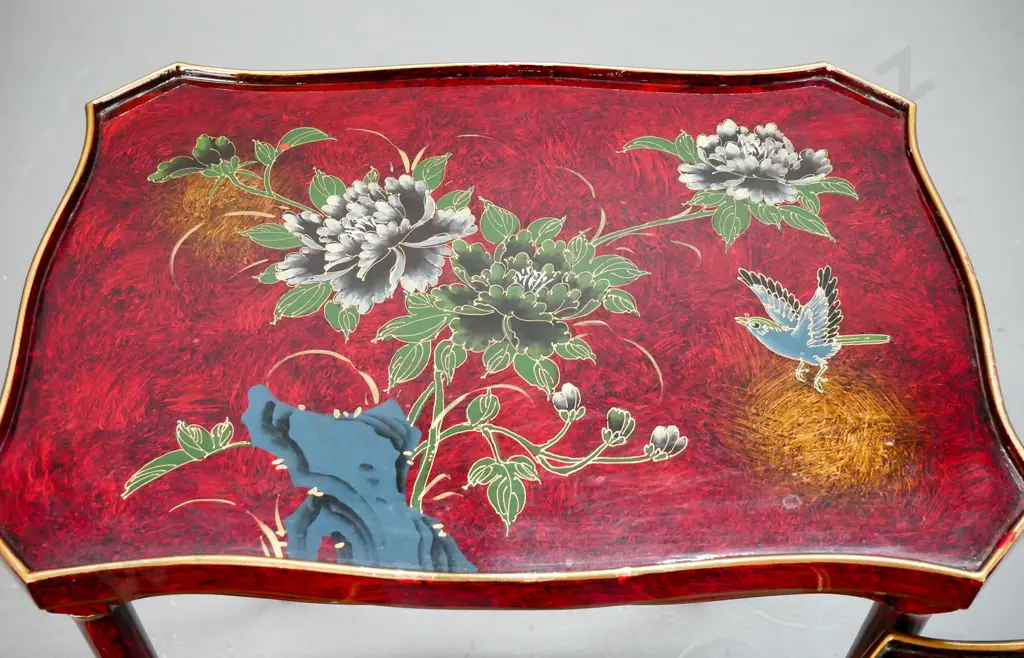 set of 3 Chinese nesting tables with shaped scrolling tops, faux bamboo legs, red painted finish with hand painted Image 1++