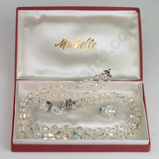 3 strand crystal necklace & pair of earrings