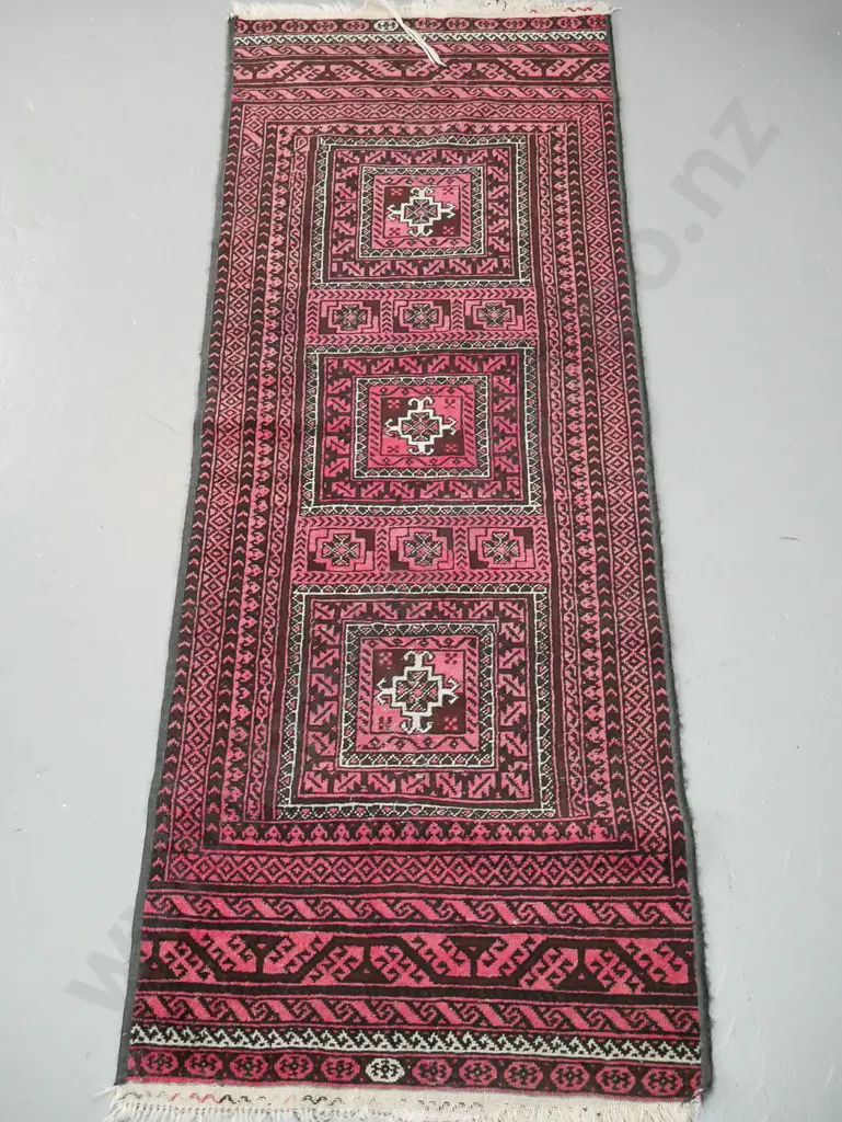 hand knotted wool floor runner in dark reds - some fading, wear & unraveling of fringe L-1900 W-660 Image 1++