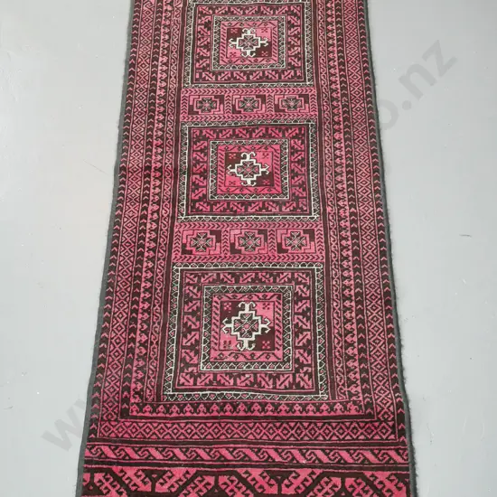 hand knotted wool floor runner in dark reds - some fading, wear & unraveling of fringe L-1900 W-660
