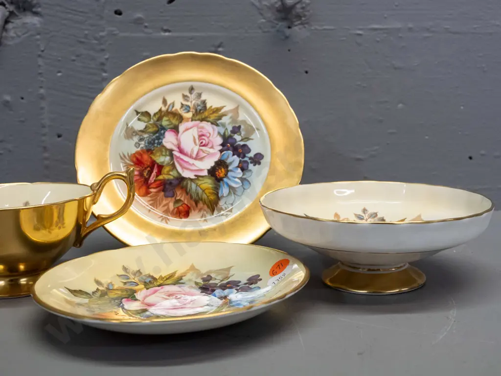Aynsley floral and gilt hand-painted trio and small comport, all signed L.A. Bailey - comport dish is H-50 D-140 Image 1++