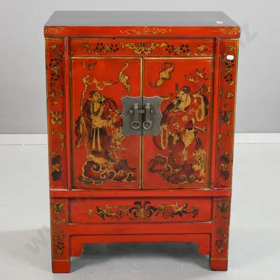 small Chinese 2-door black and red cupboard, front decorated w/ polychrome figural, bat and moth motifs, brass catch