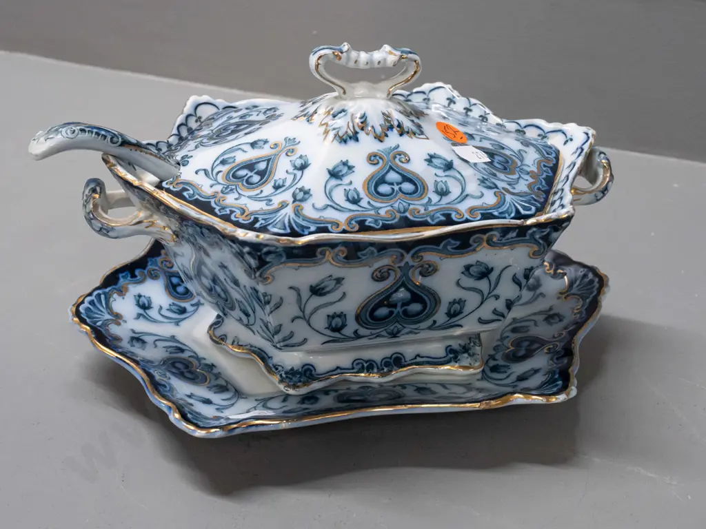 vintage "F & Sons" Burslem sauce / gravy boat with ladle, scalloped edge, small touched-up chip to plate, some dis- Image 1++