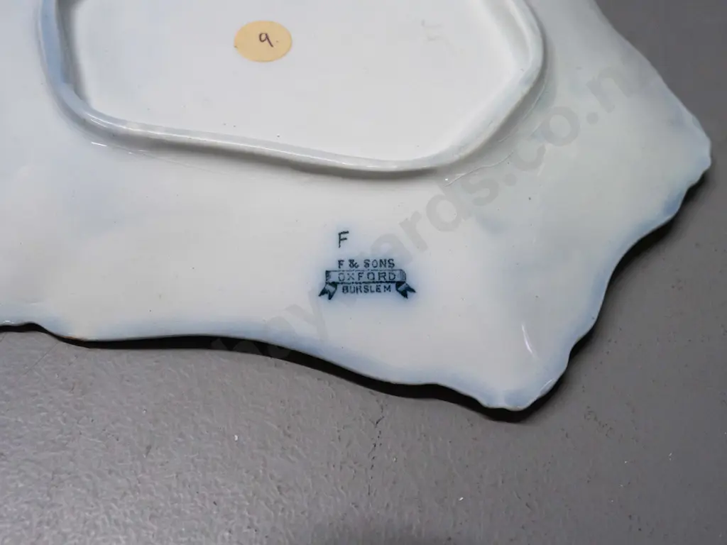 vintage "F & Sons" Burslem sauce / gravy boat with ladle, scalloped edge, small touched-up chip to plate, some dis- Image 1++