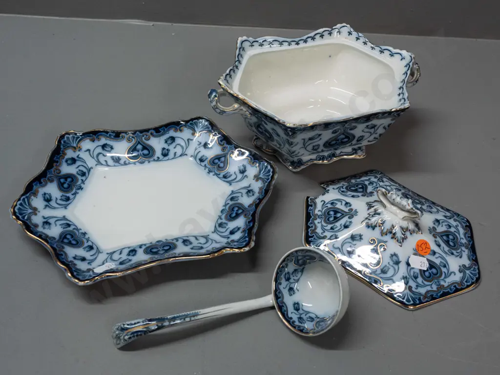 vintage "F & Sons" Burslem sauce / gravy boat with ladle, scalloped edge, small touched-up chip to plate, some dis- Image 1++