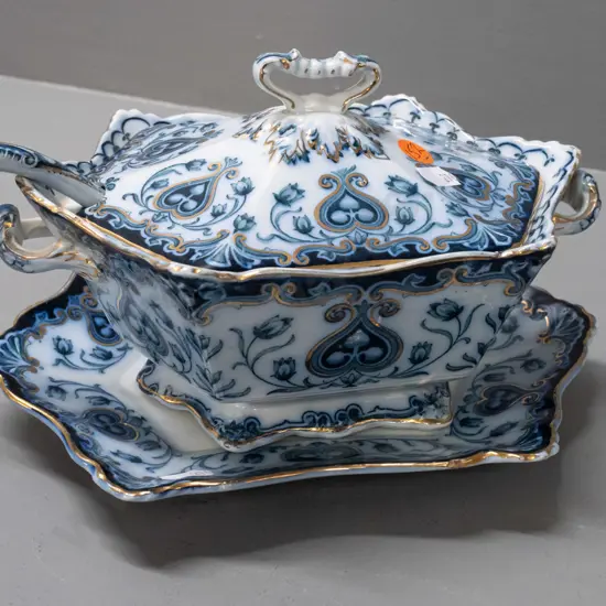 vintage "F & Sons" Burslem sauce / gravy boat with ladle, scalloped edge, small touched-up chip to plate, some dis-