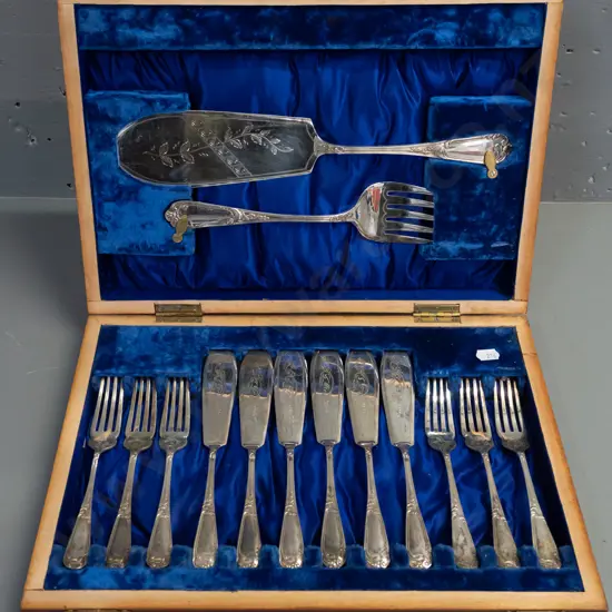 Wood-cased set of EPNS cutlery: six place fish set w/ serving knife & fork.
