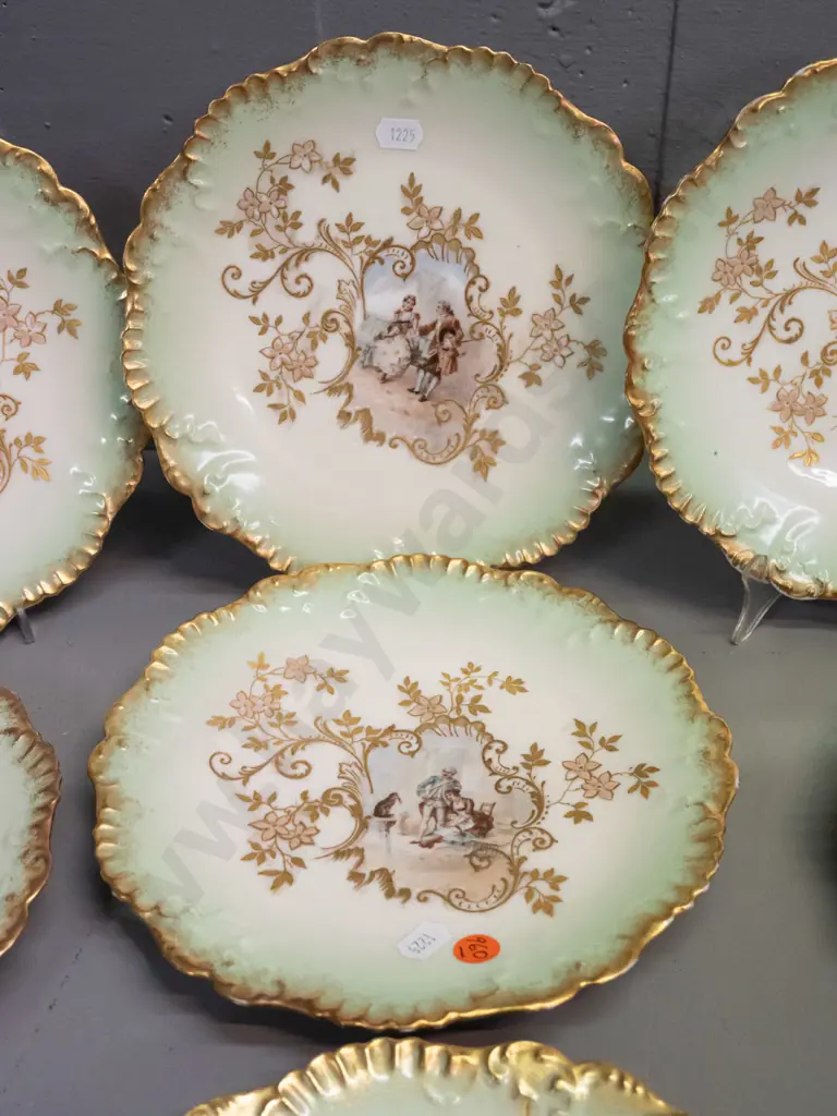 7 Limoges plates with rococo style decoration, various romance scenes - some w/ wear to gilt edging D-220 Image 1++