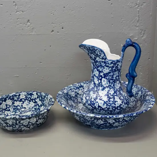 Chinese blue & white AOF prunus / calico style wash jug & basin and a smaller bowl - jug H-280 Bowl D-360