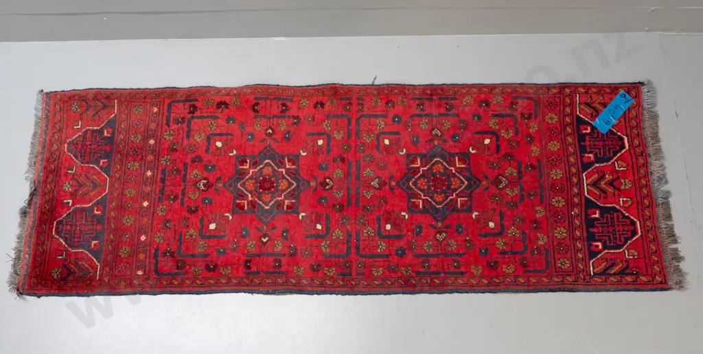 Persian style hand-knotted wool small floor runner - reds and blues - some wear L-1450 W-520 Image 1++