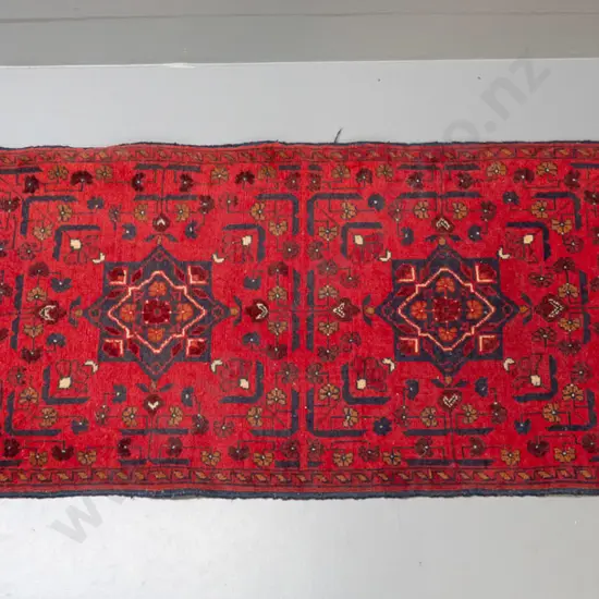 Persian style hand-knotted wool small floor runner - reds and blues - some wear L-1450 W-520