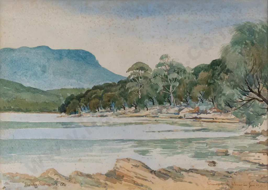 Ernest E Unwin - framed watercolour "Blackman's Bay, Tasmania" H235 W330 (foxing) Image 1++