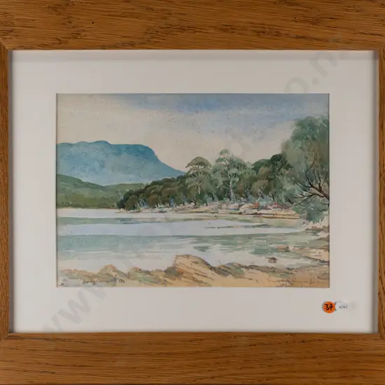 Ernest E Unwin - framed watercolour "Blackman's Bay, Tasmania" H235 W330 (foxing)