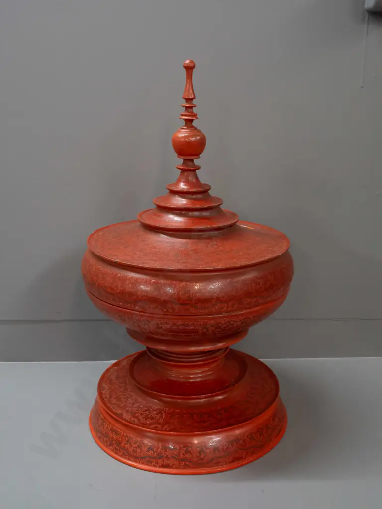large Burmese Hsun-ok (food carrier) - 4 piece construction, red cinnabar lacquer & timber in stupa shape H-680 D-380 Image 1++
