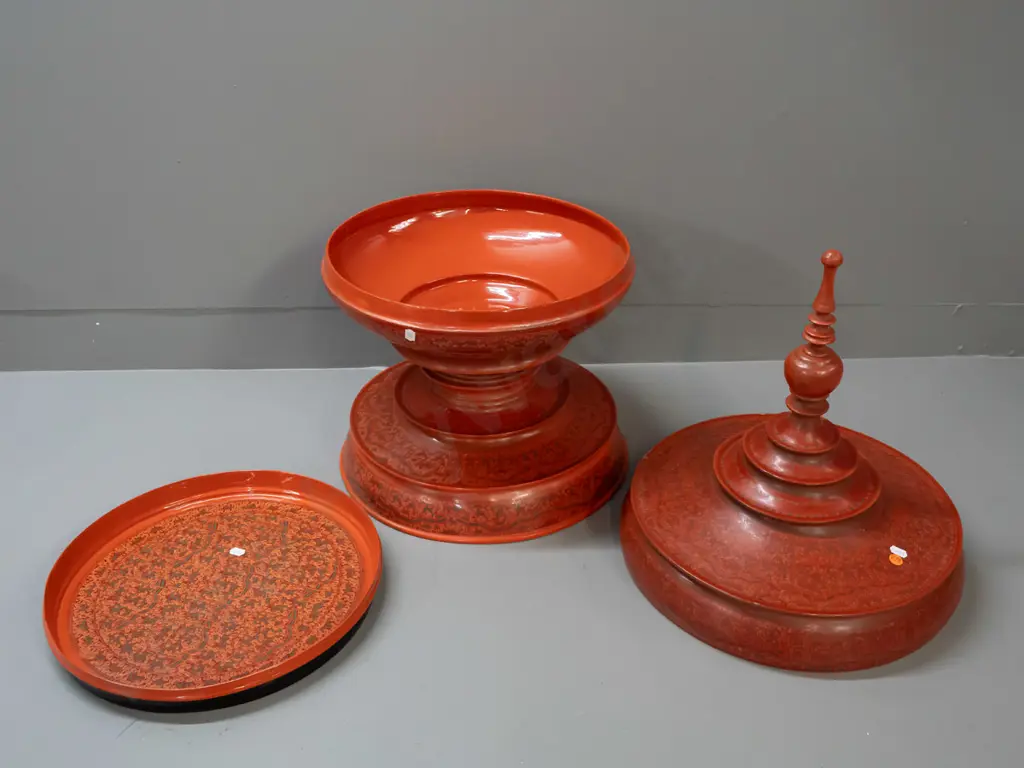 large Burmese Hsun-ok (food carrier) - 4 piece construction, red cinnabar lacquer & timber in stupa shape H-680 D-380 Image 1++