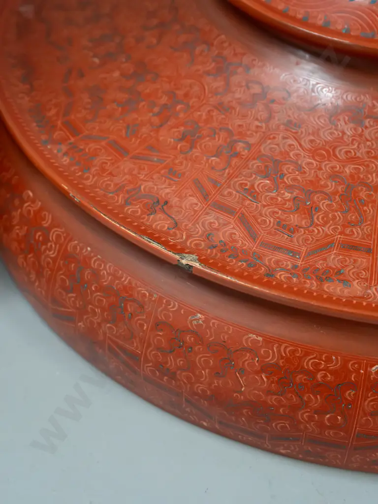 large Burmese Hsun-ok (food carrier) - 4 piece construction, red cinnabar lacquer & timber in stupa shape H-680 D-380 Image 1++