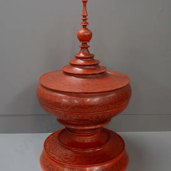 large Burmese Hsun-ok (food carrier) - 4 piece construction, red cinnabar lacquer & timber in stupa shape H-680 D-380