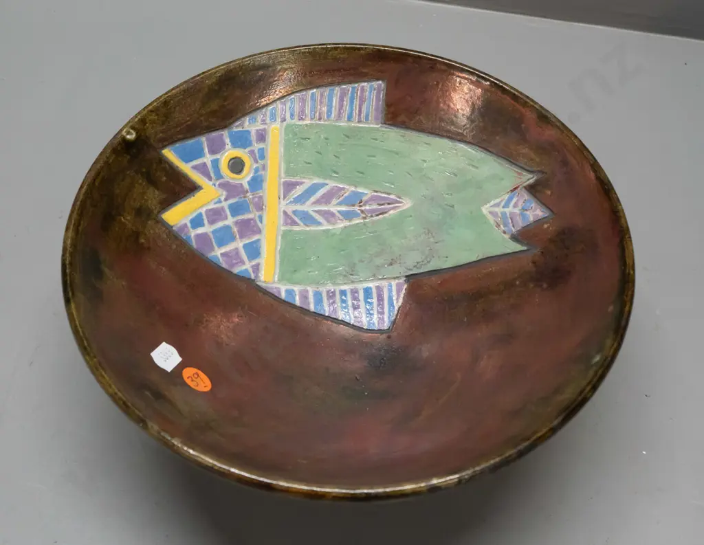 studio pottery bowl with interior fish decoration - unknown maker's mark H-100 D-240 Image 1++