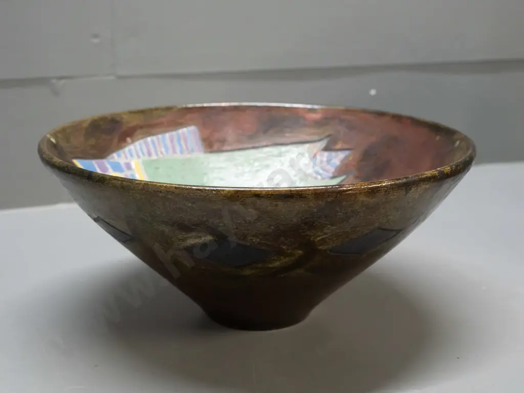 studio pottery bowl with interior fish decoration - unknown maker's mark H-100 D-240 Image 1++
