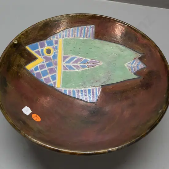 studio pottery bowl with interior fish decoration - unknown maker's mark H-100 D-240