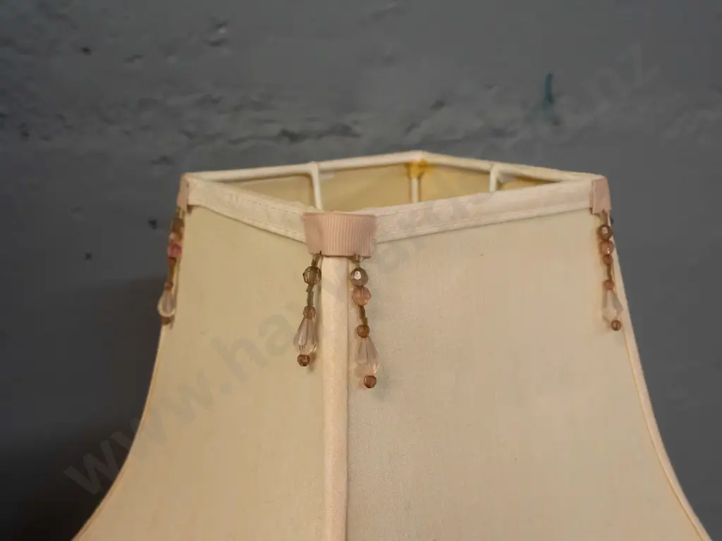 brass table lamp with scalloped edge circular base, candlestick style stem, square panelled shade with beaded trim - Image 1++