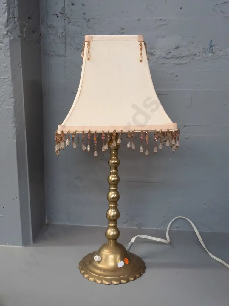 brass table lamp with scalloped edge circular base, candlestick style stem, square panelled shade with beaded trim - Image 1++