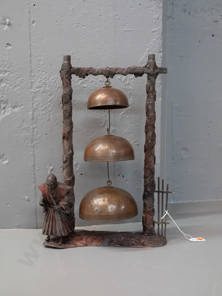 vintage decorative metal stand with Samurai guard figure and 3 hanging brass or bronze temple bells with engraved Image 1++