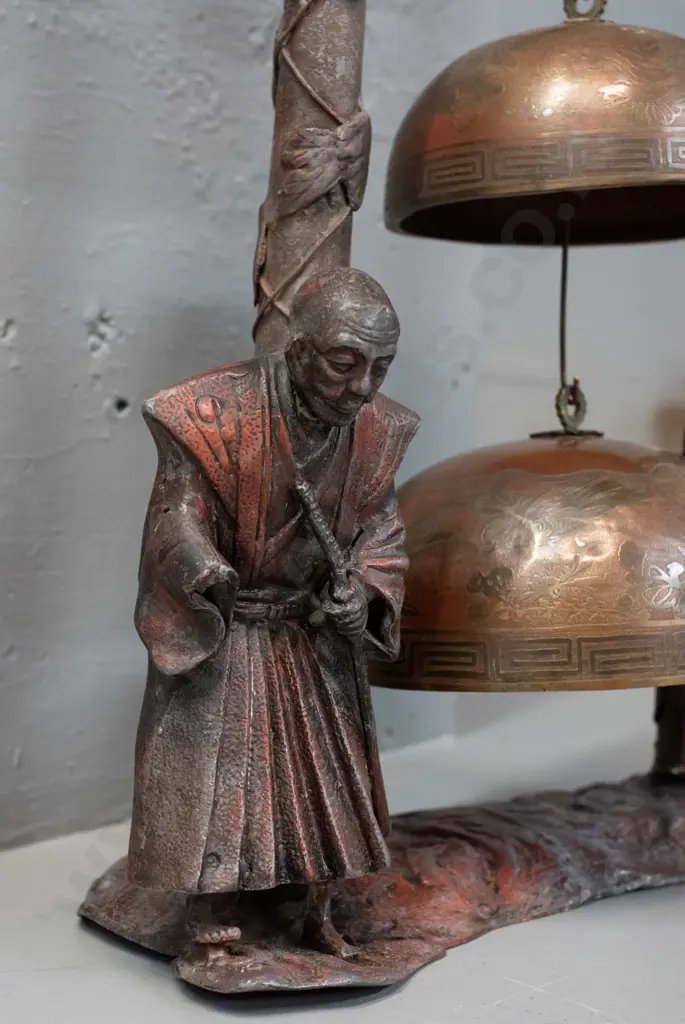 vintage decorative metal stand with Samurai guard figure and 3 hanging brass or bronze temple bells with engraved Image 1++