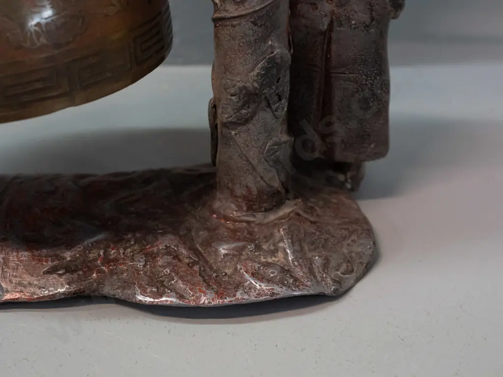 vintage decorative metal stand with Samurai guard figure and 3 hanging brass or bronze temple bells with engraved Image 1++