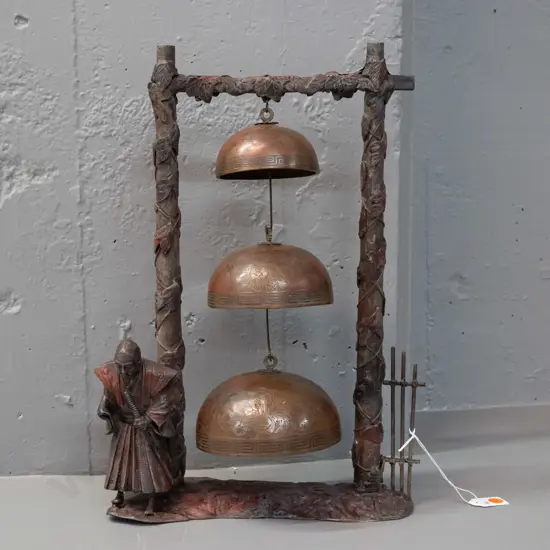 vintage decorative metal stand with Samurai guard figure and 3 hanging brass or bronze temple bells with engraved