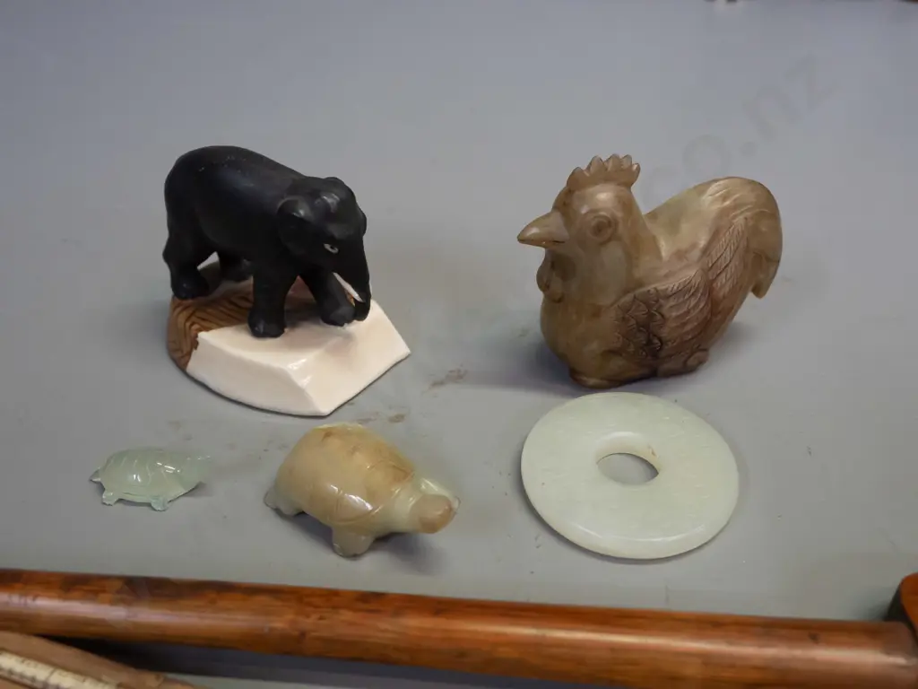 bamboo cased opium scales L-350, various carved stone ornaments and a pottery elephant figure Image 1++