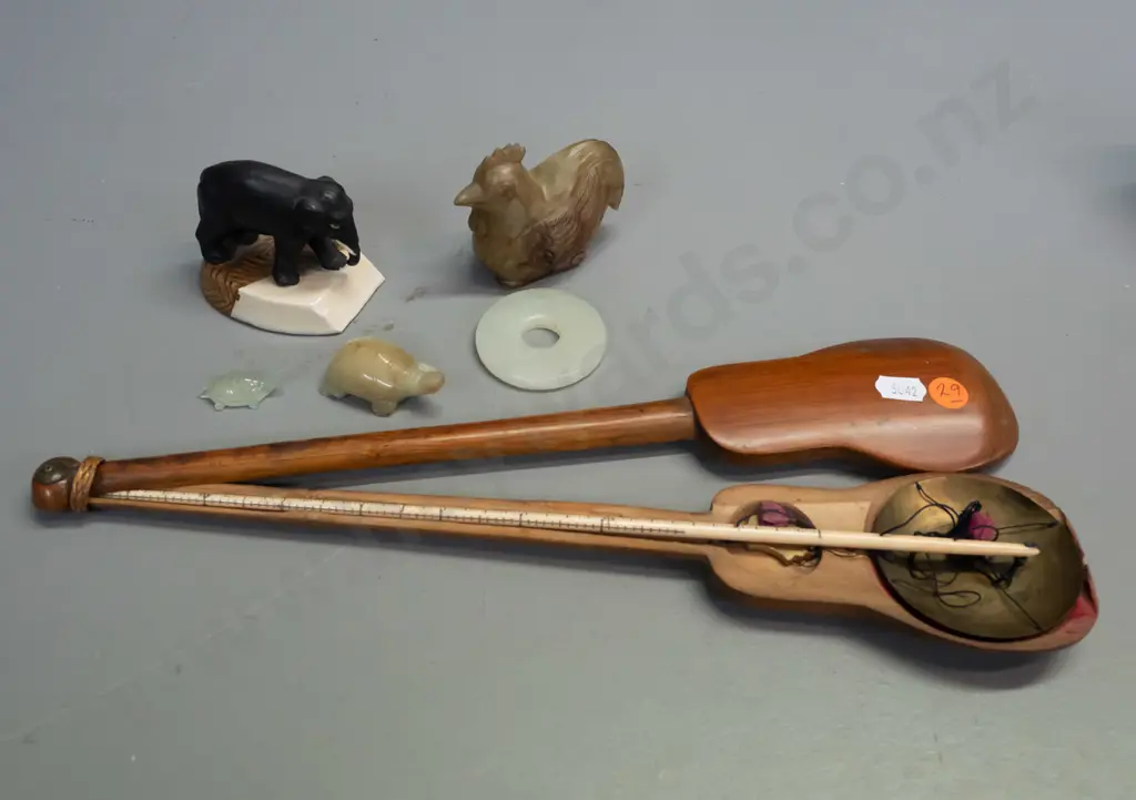 bamboo cased opium scales L-350, various carved stone ornaments and a pottery elephant figure Image 1++