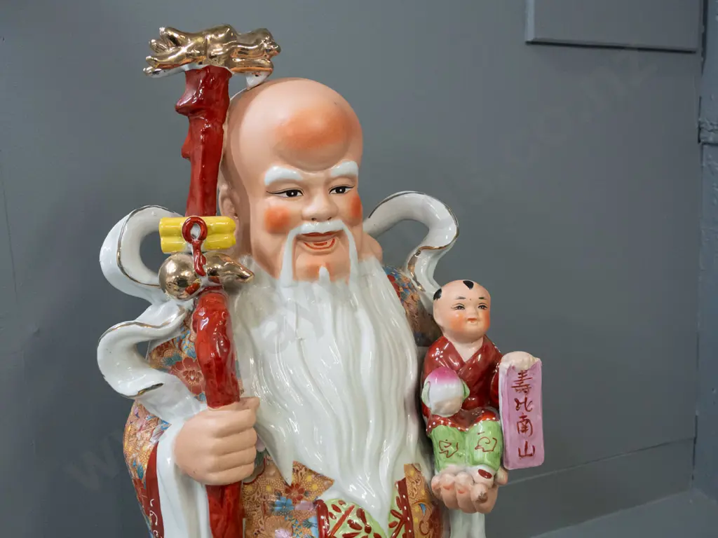 large Chinese figure - bald headed man with staff. Small glaze flaw under dragon's head H-650 W-260 Image 1++