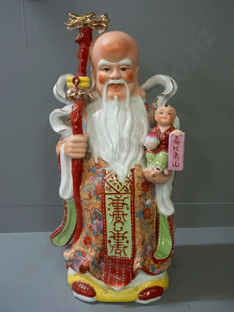 large Chinese figure - bald headed man with staff. Small glaze flaw under dragon's head H-650 W-260 Image 1++