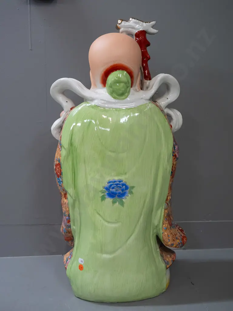 large Chinese figure - bald headed man with staff. Small glaze flaw under dragon's head H-650 W-260 Image 1++