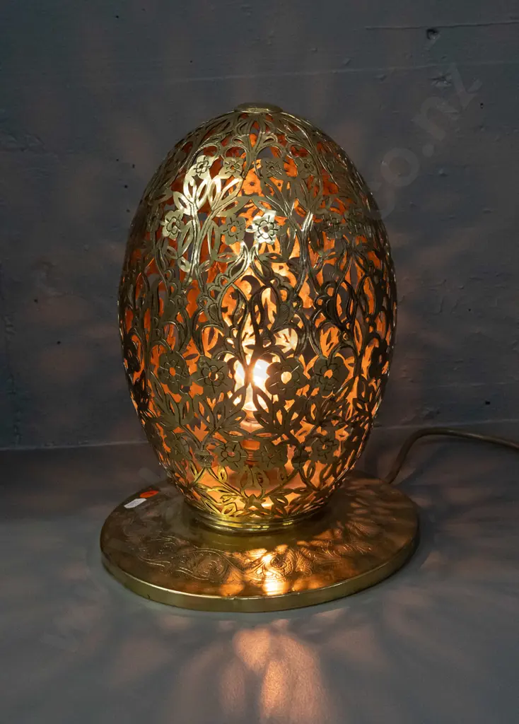 egg-shaped pierced brass table lamp with embossed circular base - base has a few small dents around edge H-330 D-230 Image 1++