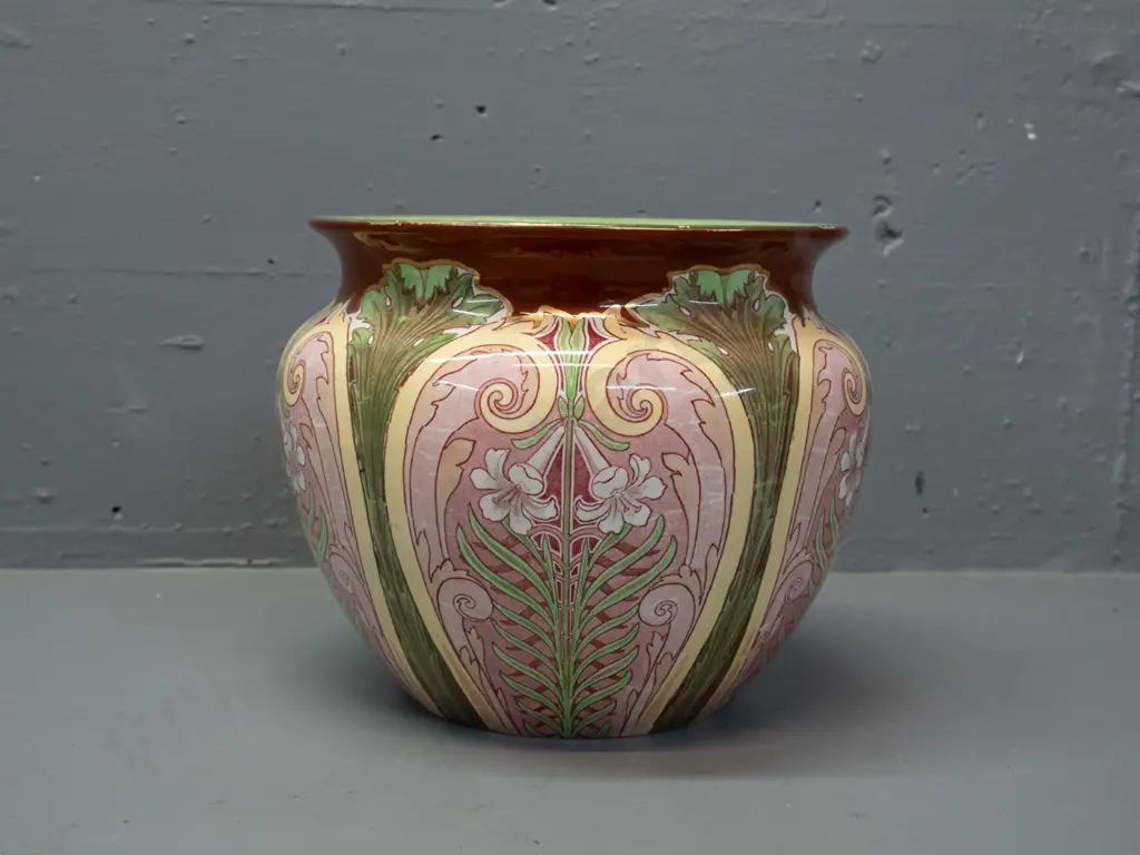 vintage Royal Doulton art nouveau style lilies jardiniere - some rubbing / wear to decoration, minor staining inside Image 1++