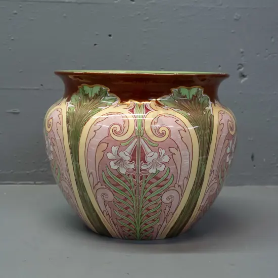 vintage Royal Doulton art nouveau style lilies jardiniere - some rubbing / wear to decoration, minor staining inside