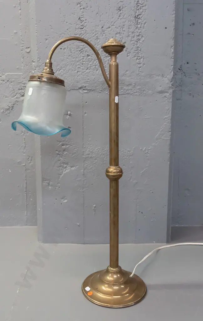 brass table lamp with swan neck angled fitting, frilled frosted & etched glass shade with blue rim - some Image 1++