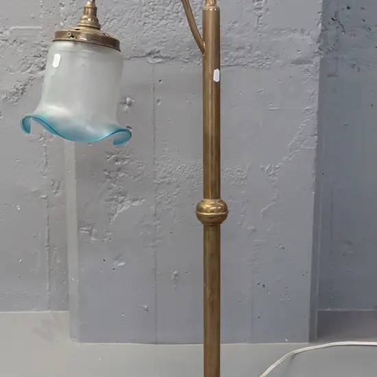 brass table lamp with swan neck angled fitting, frilled frosted & etched glass shade with blue rim - some