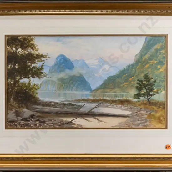 F Brookesmith - framed watercolour - lake & mountain scene H250 W430