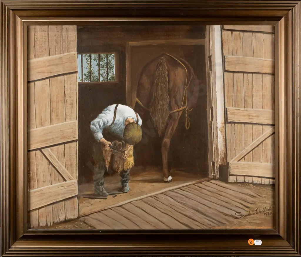 Sandra Wedllock 1980 - framed oil on board - Farrier H480 W570 Image 1++