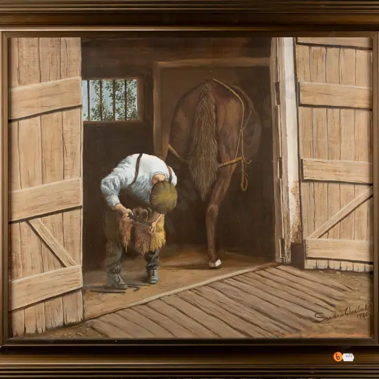 Sandra Wedllock 1980 - framed oil on board - Farrier H480 W570