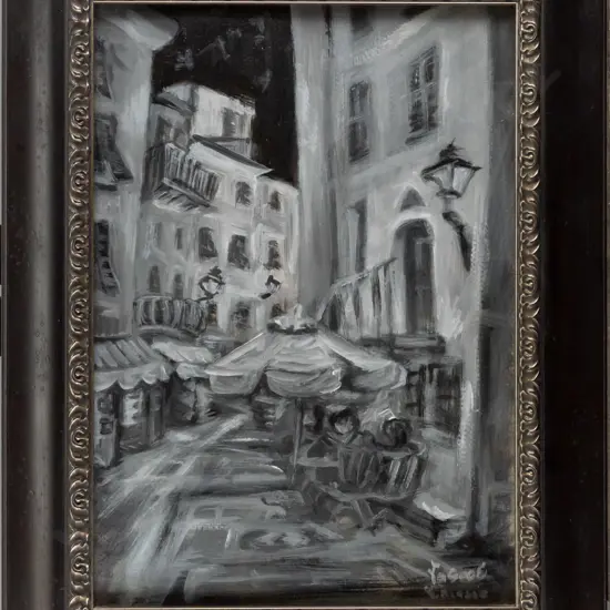 illegible signature - framed acrylic - city scene H410 W290