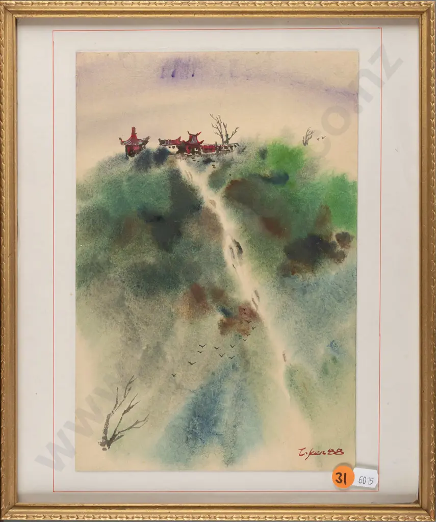 illegible signature - framed watercolour landscape H-260 W-175 Image 1++