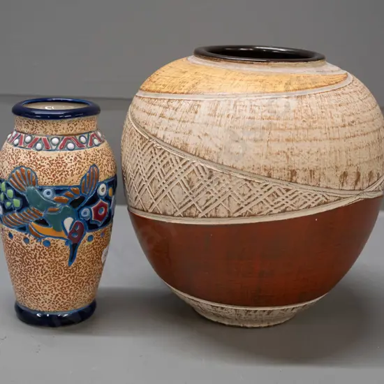 small amphora Czech hummingbird vase and a German pottery vase H-190 D-165