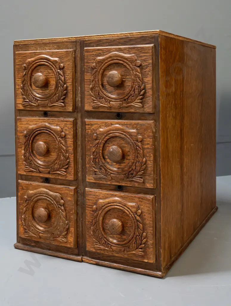 set of 6 oak laminate drawers from a Singer treadle sewing machine base - 2 units joined together with added plywood top Image 1++