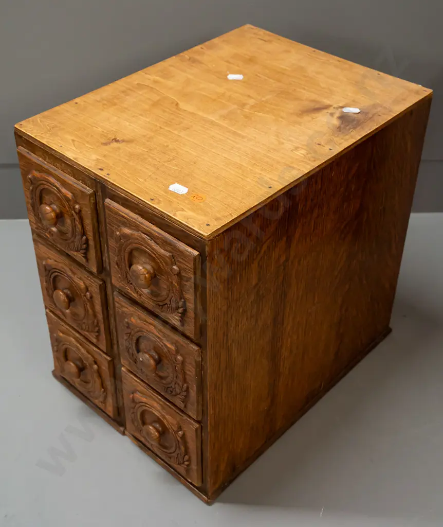 set of 6 oak laminate drawers from a Singer treadle sewing machine base - 2 units joined together with added plywood top Image 1++