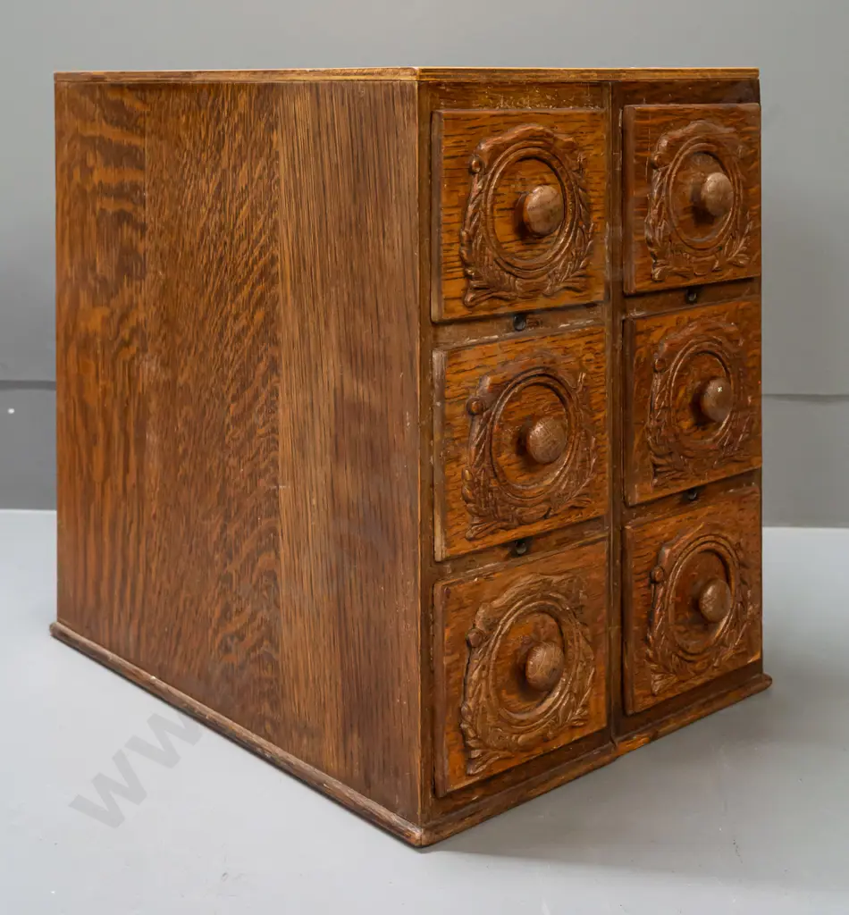 set of 6 oak laminate drawers from a Singer treadle sewing machine base - 2 units joined together with added plywood top Image 1++